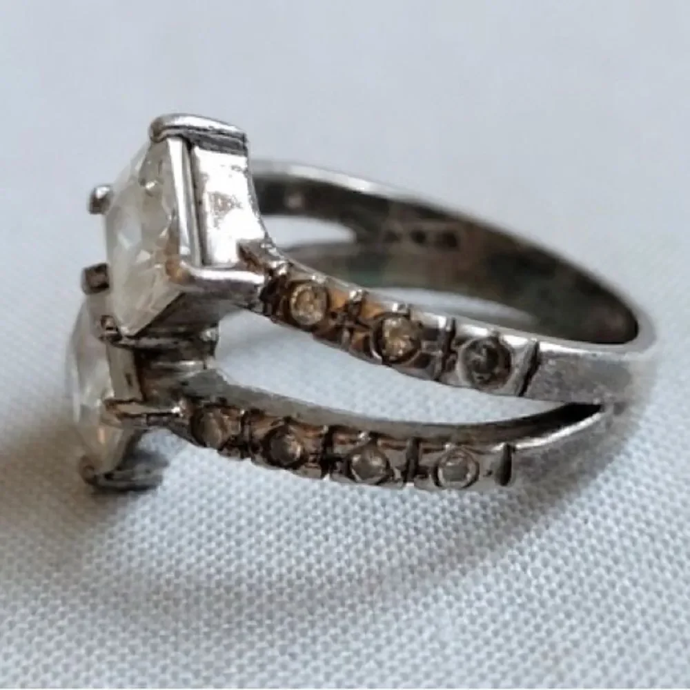 Vintage Sterling Silver Double Stone CZ Ring with CZ Studded Shank. Size 6.5.